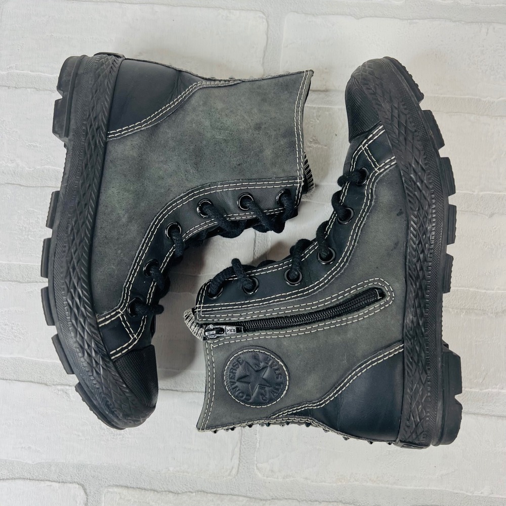 Converse Chuck Taylor All Star Kids Black Leather Studded Lug Sole Zip Boots 2
